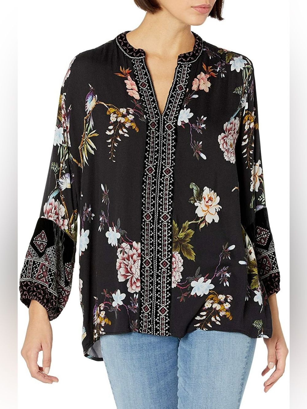 Johnny was black floral long sleeve velvet trim mix Paris top